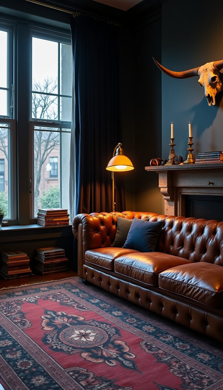 Moody dusk-lit living room with weathered Chesterfield sofa, charcoal walls, Victorian windows, Persian rug, and antique decor elements.