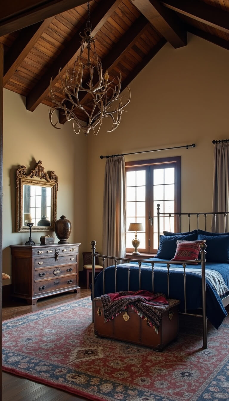 Master bedroom at sunrise with cathedral ceilings, exposed dark wooden beams, king-sized iron bed in midnight blue velvet and leather, antique trunk draped in Navajo textiles, gilt-framed mirror reflecting light, and antler chandelier casting shadows.
