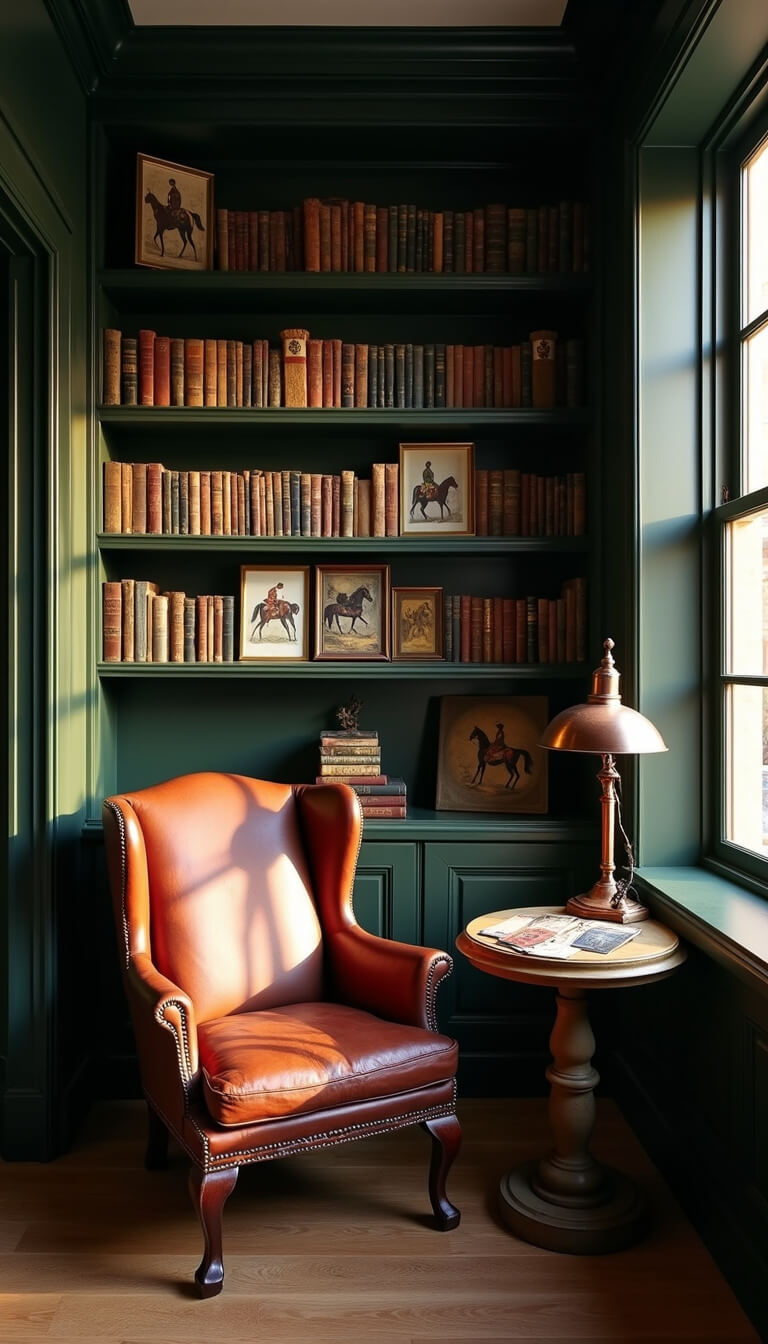 Cozy library nook at golden hour with leather wingback chair, floor-to-ceiling black bookshelves, tarot cards on wooden table, copper lamp, vintage equestrian prints, and forest green walls in dramatic side light.