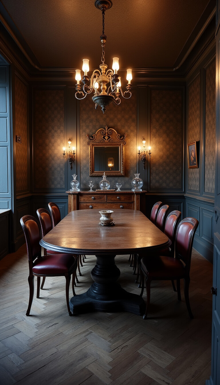 Victorian-style dining room at twilight with worn wooden table, mismatched oxblood leather chairs, iron chandelier, and vintage decanters on a sideboard.