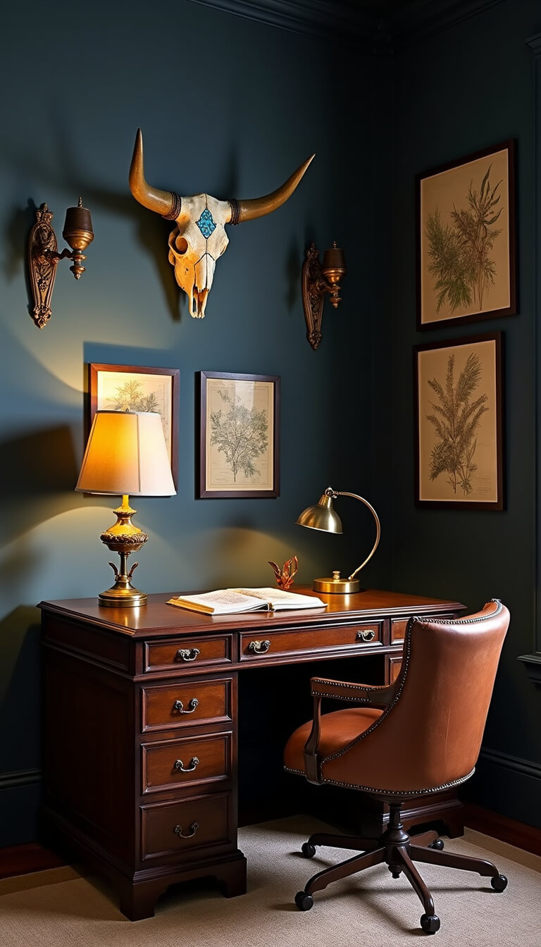 Home office corner at midnight with antique mahogany desk, worn leather chair, cow skull with turquoise inlay above, navy walls, brass desk lamp, vintage maps, dried herbs in copper frames, and iron wall sconces glowing softly.