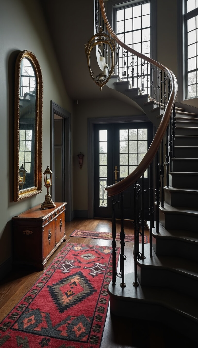 Dramatic storm-lit entryway with sweeping staircase, wrought iron railings, gilded mirror, distressed leather trunk, Navajo runner, and swaying brass lantern.