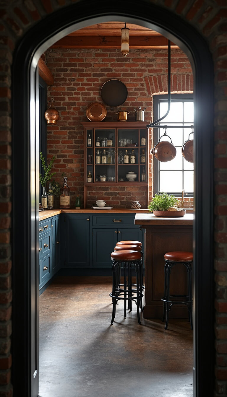 Kitchen at dawn viewed through arched doorway, matte black brick walls, copper pots on iron rack, weathered wood island with leather stools, vintage apothecary cabinet, soft morning light highlighting metal and textured surfaces.