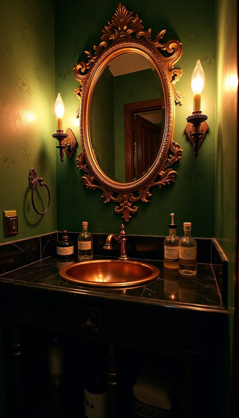 Victorian-style powder room lit by candlelight, featuring green wallpaper, gilt mirror, copper sink, wrought iron sconces, apothecary bottles, and a black marble countertop.