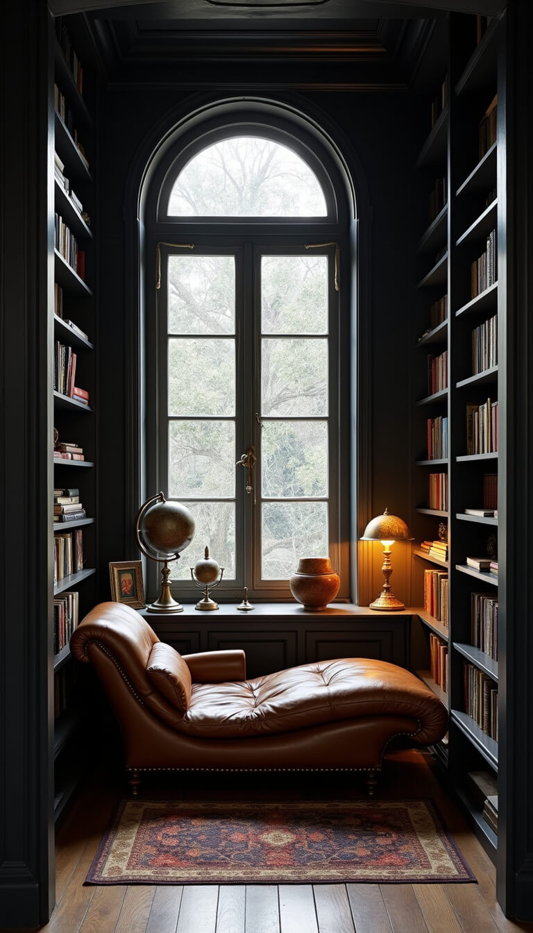 Dramatic study alcove with black bookshelves, leather chaise under arched window, warm lamp glow contrasting stormy grey light through lace curtains.