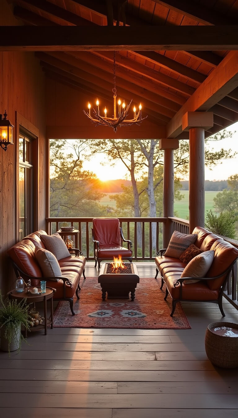 Sunset view of a rustic covered porch with vintage leather and velvet seating around an iron fire pit, Navajo textiles on railings, antler chandelier with Edison bulbs, and warm copper and lantern lighting.