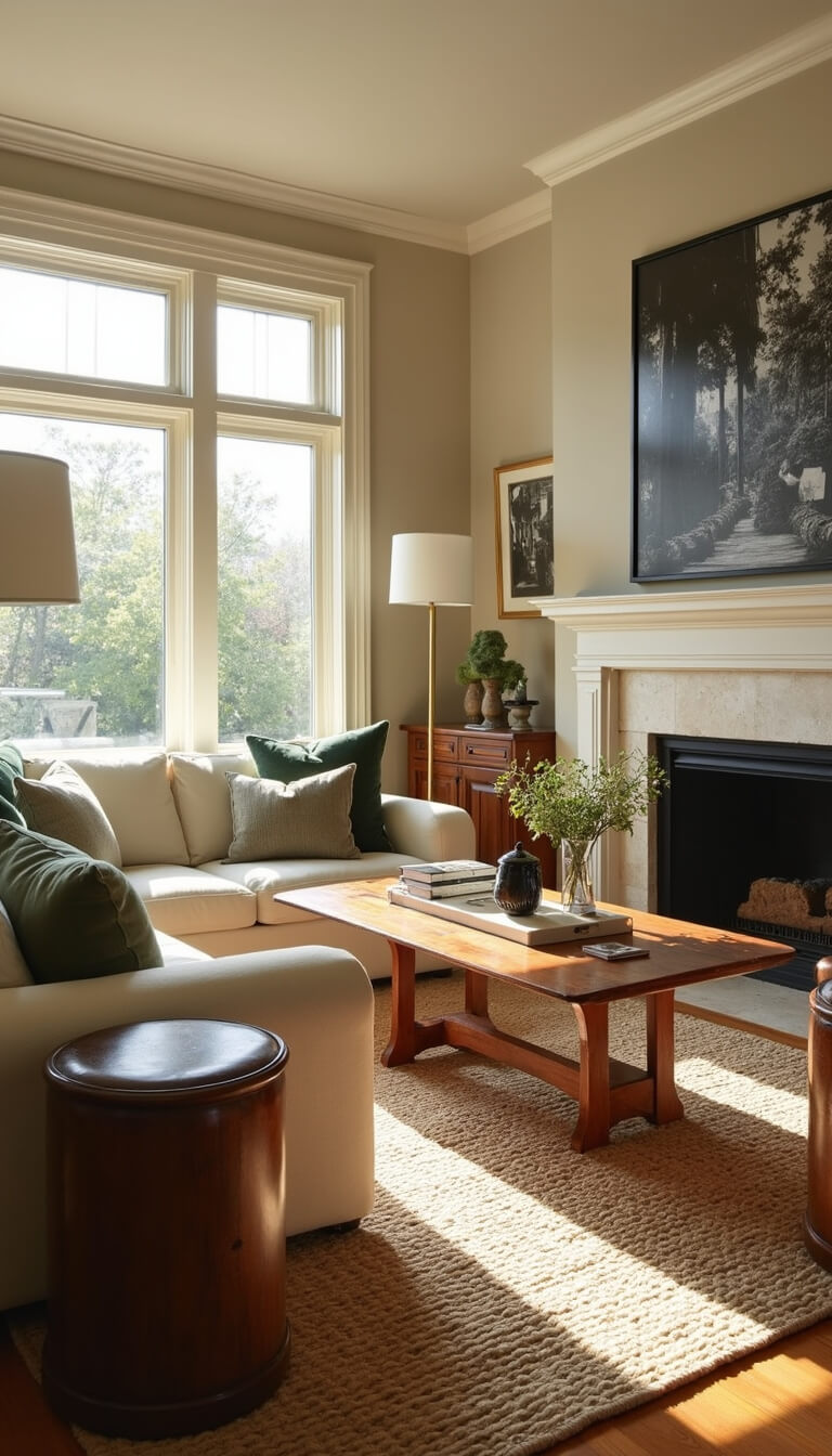 Sunlit living room with cream linen sectional, walnut coffee table, brass floor lamps, jute and Persian rugs, sage green pillows, leather chairs, and black-and-white photo above fireplace.