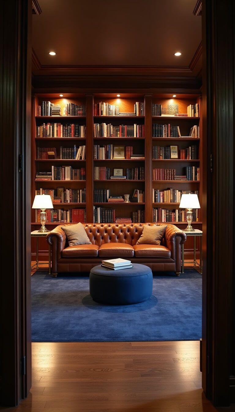 Moody library-inspired living room with cognac leather Chesterfield sofa on blue rug, built-in bookcases lit by picture lights, brass side tables, and dark walnut paneling.