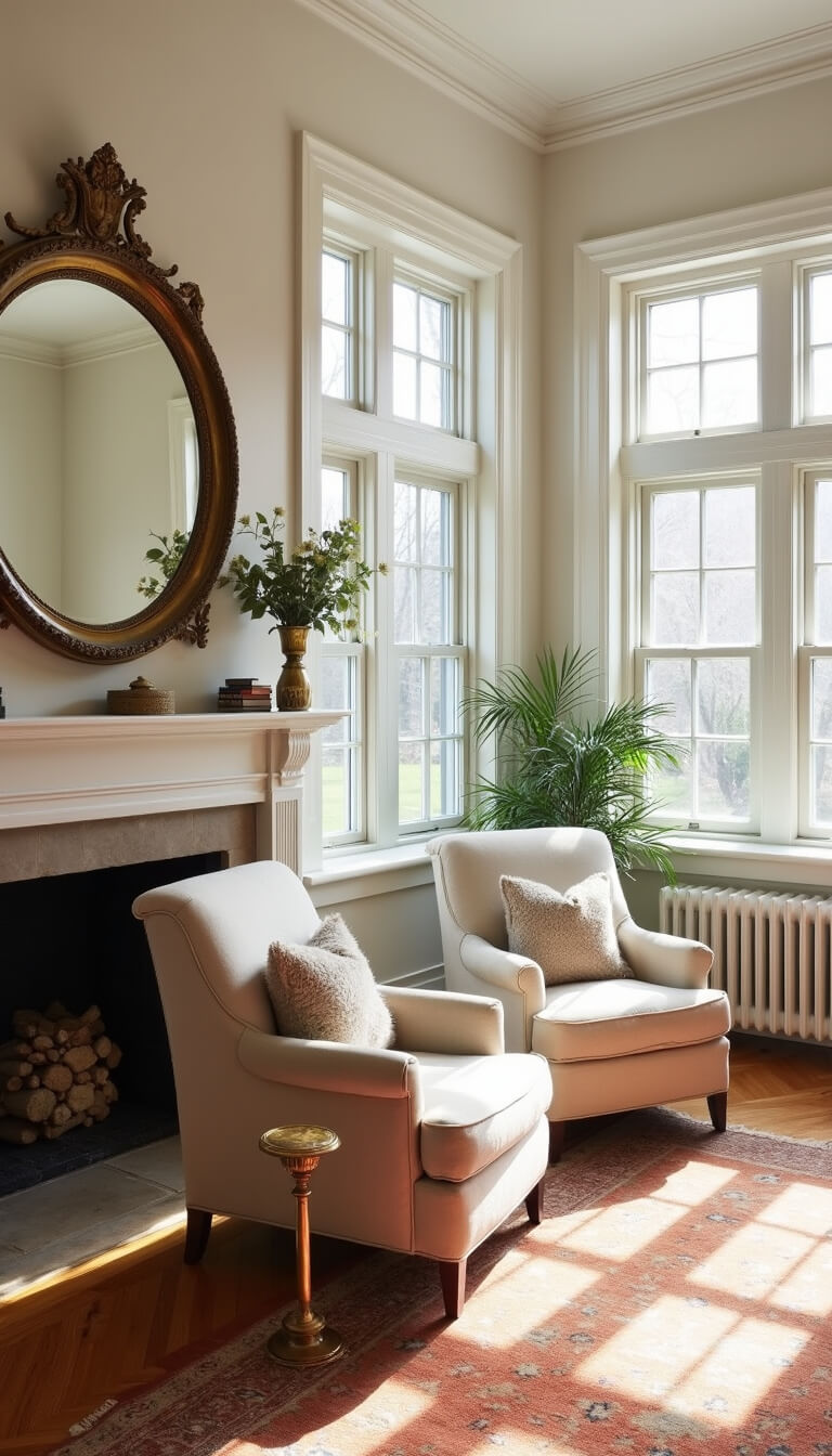Traditional living room with herringbone hardwood floors, white wainscoting, oatmeal linen armchairs facing a stone fireplace, vintage brass mirror, and layered textures in natural morning light.