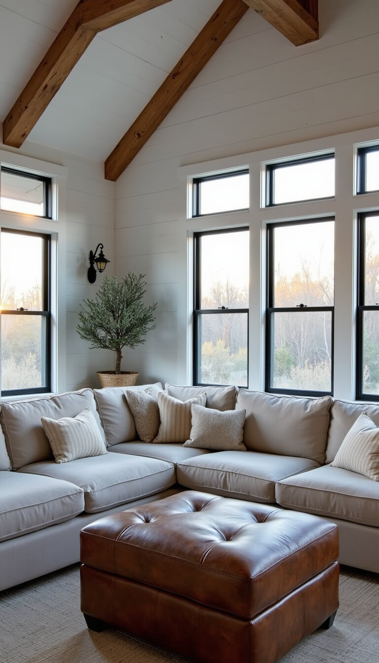 Modern farmhouse living room with vaulted ceiling and whitewashed beams, linen slipcovered sectional, leather ottoman, shiplap walls, black metal windows, vintage olive tree, and mixed warm and blue hour lighting.