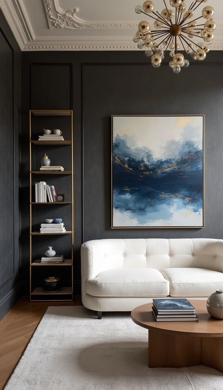 Elevated view of modern 18x22ft urban living room with curved ivory bouclé sofa, charcoal grasscloth walls, brass étagère, and navy and gold abstract art under a Venetian plaster ceiling and sputnik chandelier.