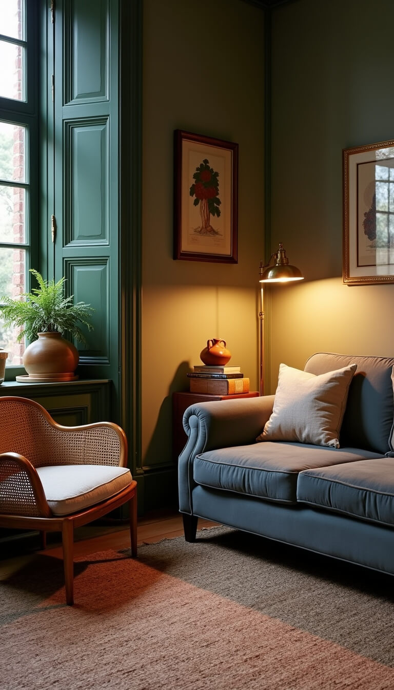 Cozy 14x16ft twilight sitting room with sisal and Moroccan rugs, slate velvet loveseat, cane-backed armchair, sage green limewash walls, and warm mixed lighting.