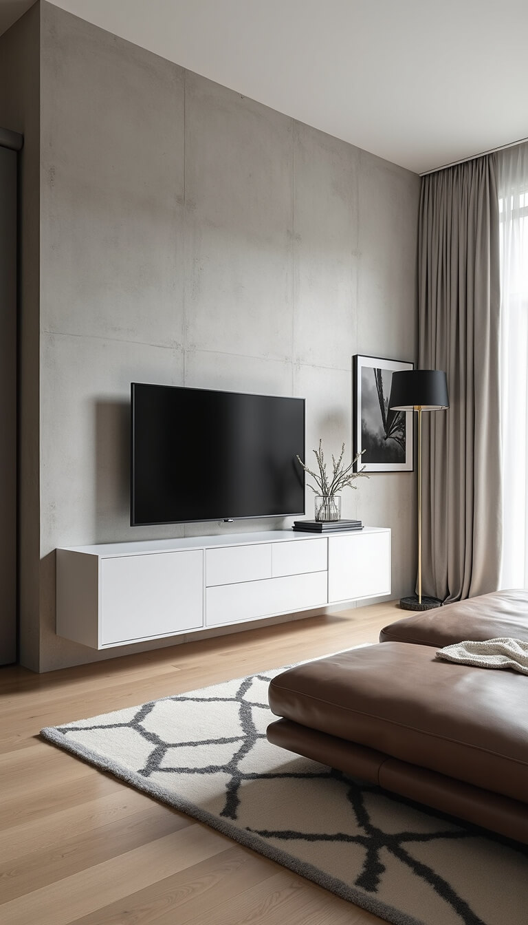 Minimalist living room with white oak media cabinet, taupe leather sectional, black marble floor lamp, geometric rug, and black-and-white photography on concrete wall.