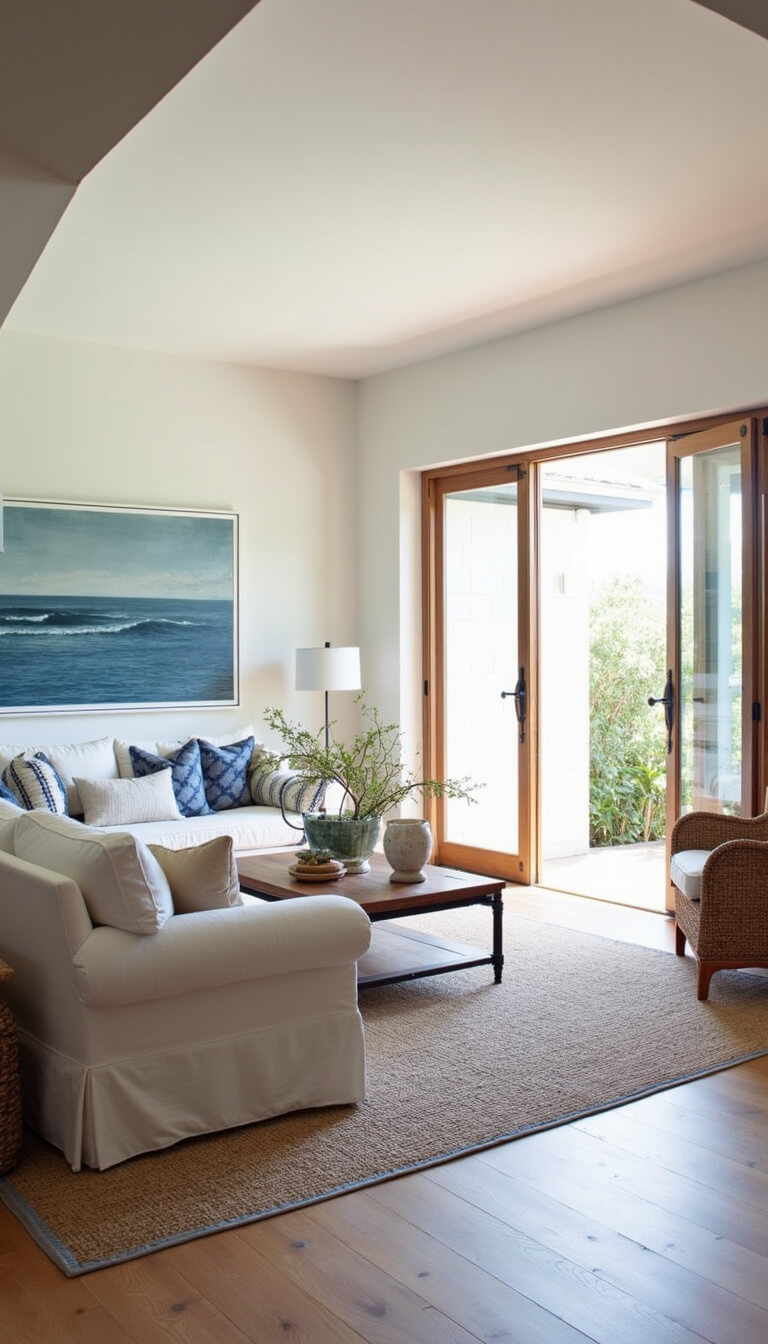 California casual living room with white linen furniture, rattan chairs, bleached oak floors, seascape art, and steel-framed doors opening to outdoor space.