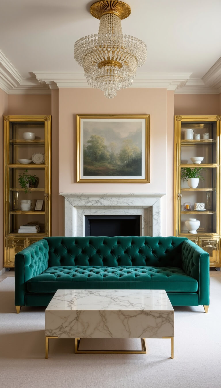 Symmetrical Art Deco formal living room with emerald velvet sofa, geometric marble coffee table, brass and glass cabinets, limestone fireplace, blush grasscloth walls, gilded crown molding, and crystal chandelier.