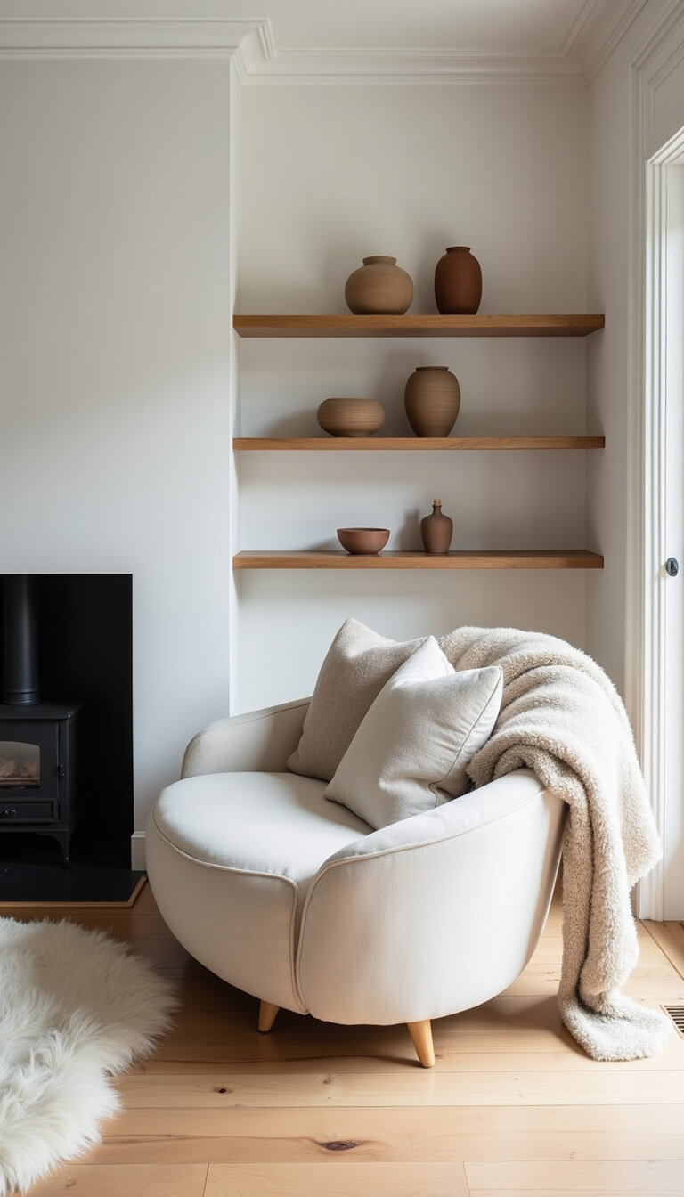 Scandinavian-style 16x18ft living room at dawn with ivory bouclé curved sofa, black steel fireplace, pale timber floors, white walls, oak shelves with ceramic vessels, and sheepskin throws.