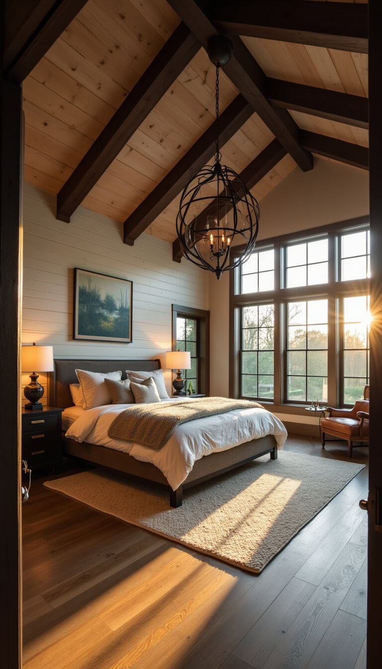 Barndominium master bedroom with 12-foot ceilings, dark wood beams, king bed on shiplap wall, warm golden hour light through industrial windows, leather armchair, and earthy decor.