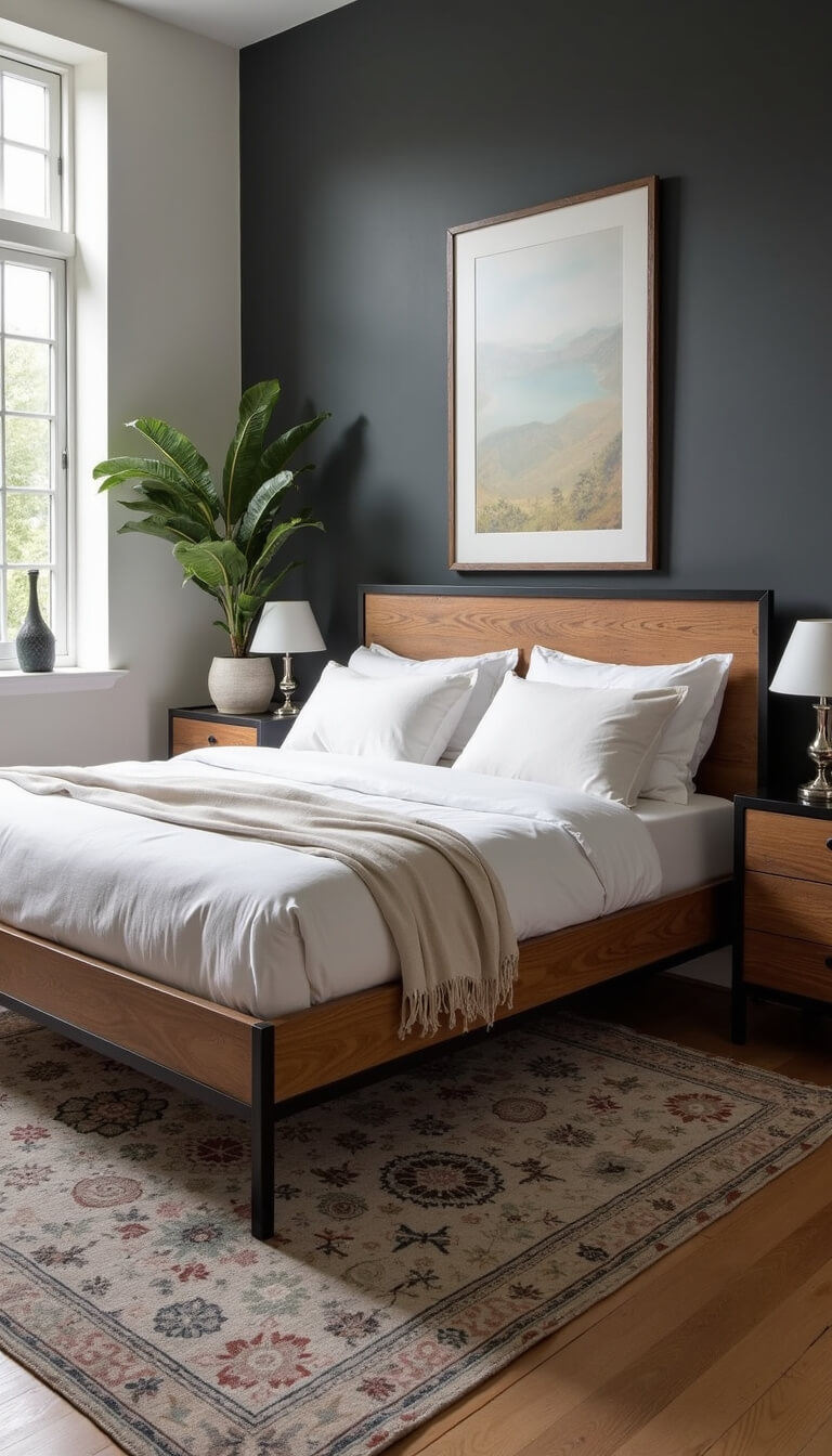 Modern rustic bedroom with white bedding, wooden bed frame, charcoal accent wall, and natural morning light streaming through large windows.