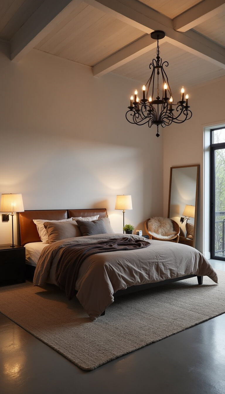 Minimalist 15x17 barndo bedroom at dusk with black iron chandelier, taupe king bed, layered rug on concrete floor, rattan reading nook, and large mirror reflecting warm lamp light.