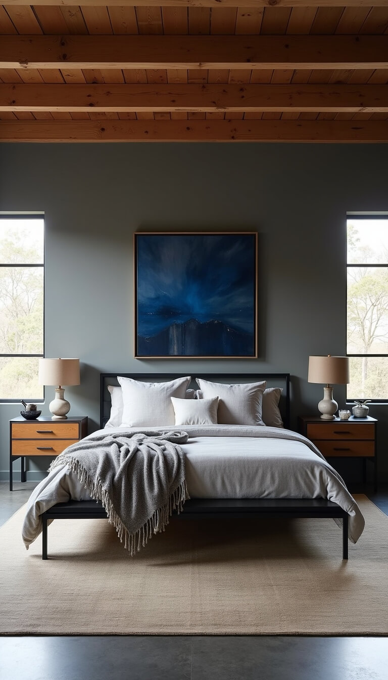 Industrial luxe bedroom with slate grey walls, wood ceiling beams, black metal platform bed, symmetrical nightstands, and large windows under mid-morning light.