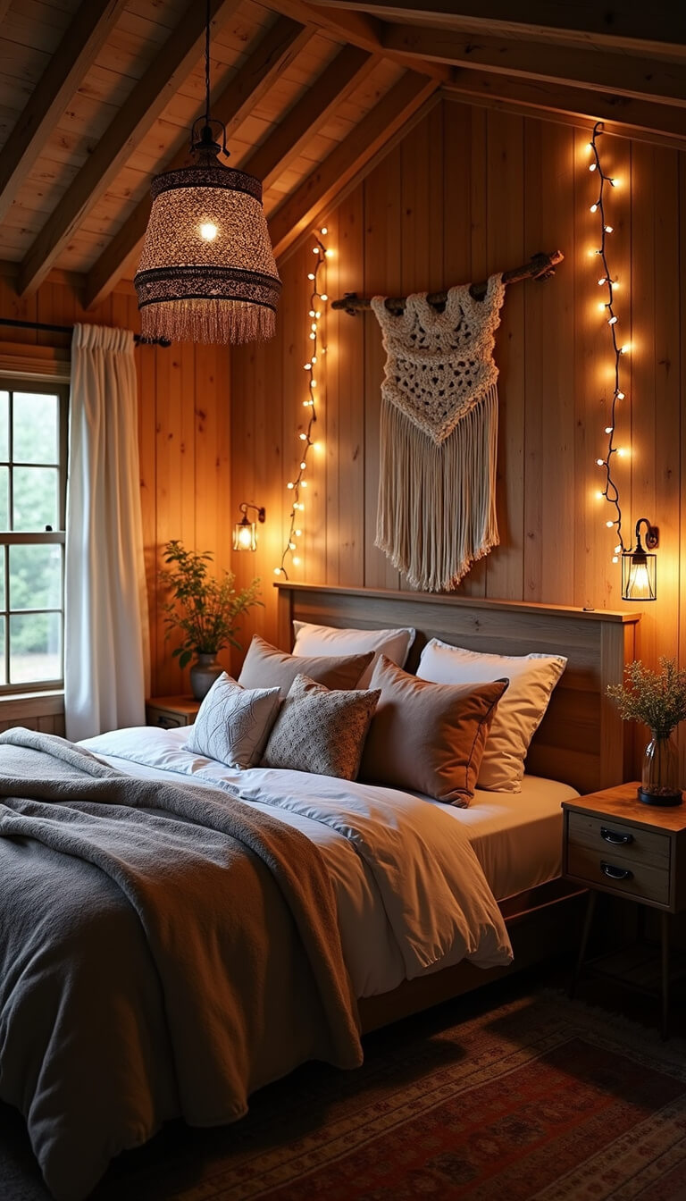 Boho-style barndo bedroom at twilight with string lights, layered earth-tone textiles, rattan pendant light, macrame wall hanging, and warm wood furniture.