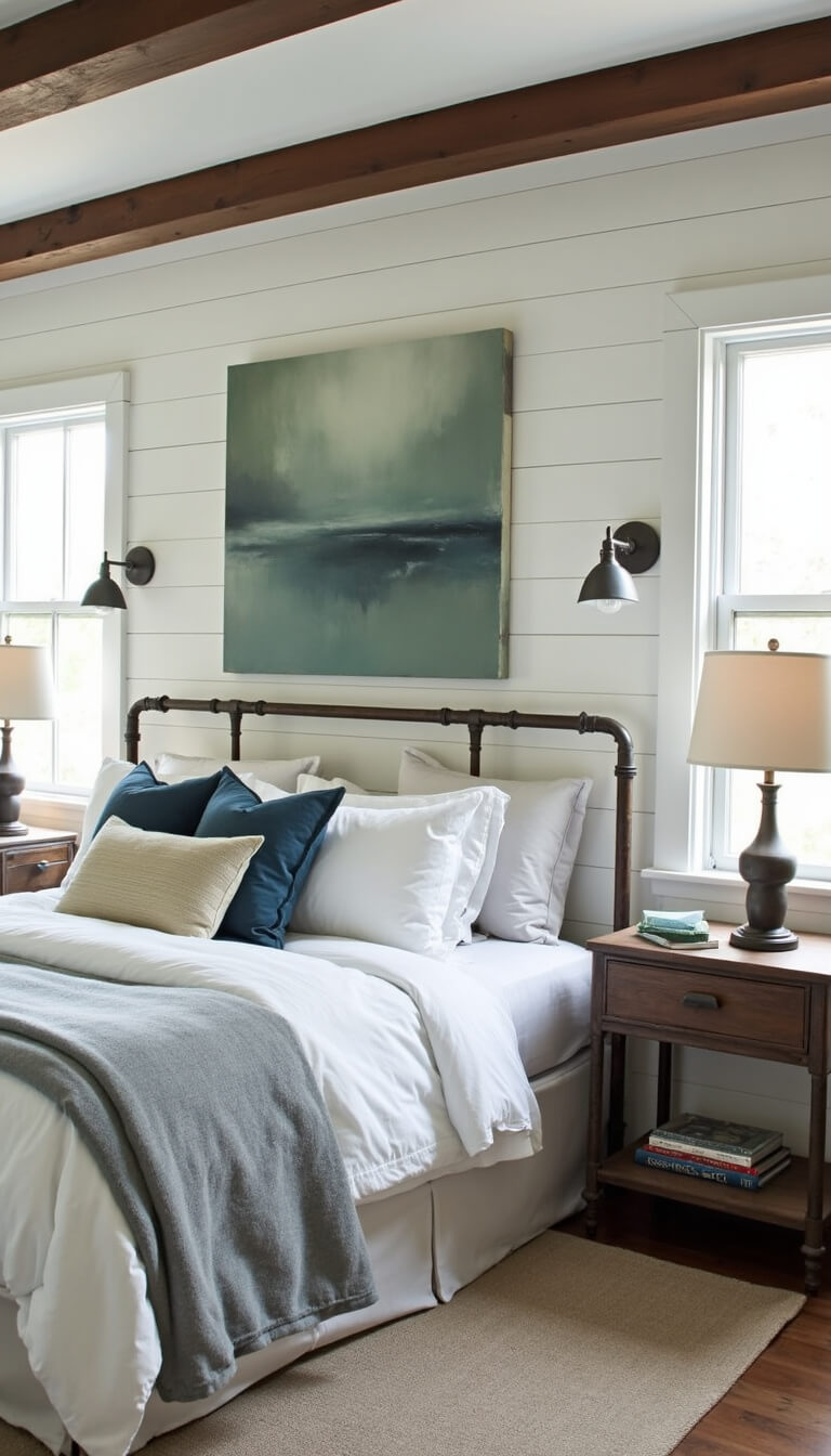 Modern farmhouse bedroom with white shiplap walls, dark wood beam, king bed, industrial nightstands, vintage lamps, and abstract art in muted tones.