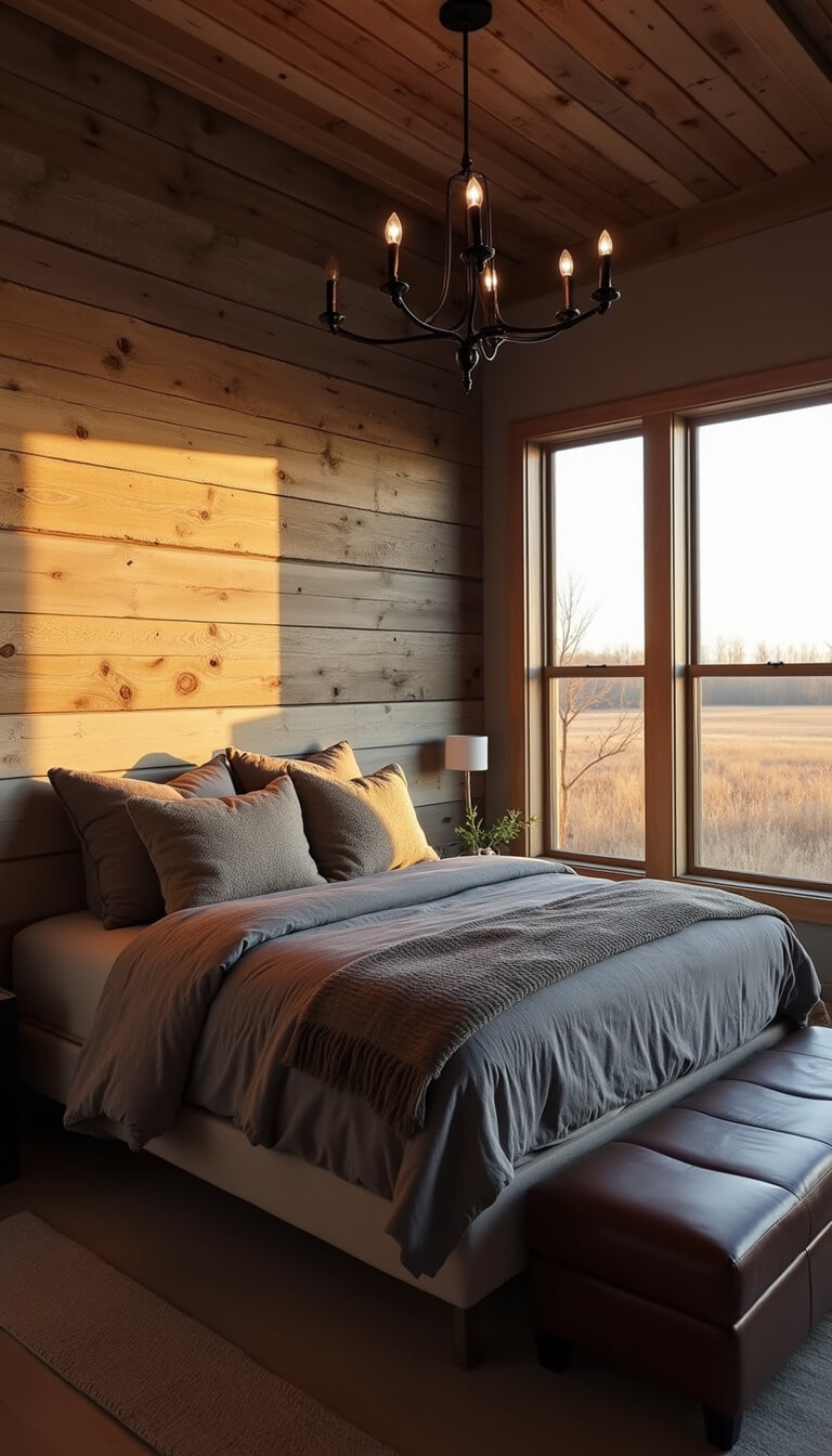 Rustic minimalist bedroom with weathered wood accent wall, textured monochromatic bedding, black metal chandelier, large pastoral-facing windows, and leather bench at bed's foot.