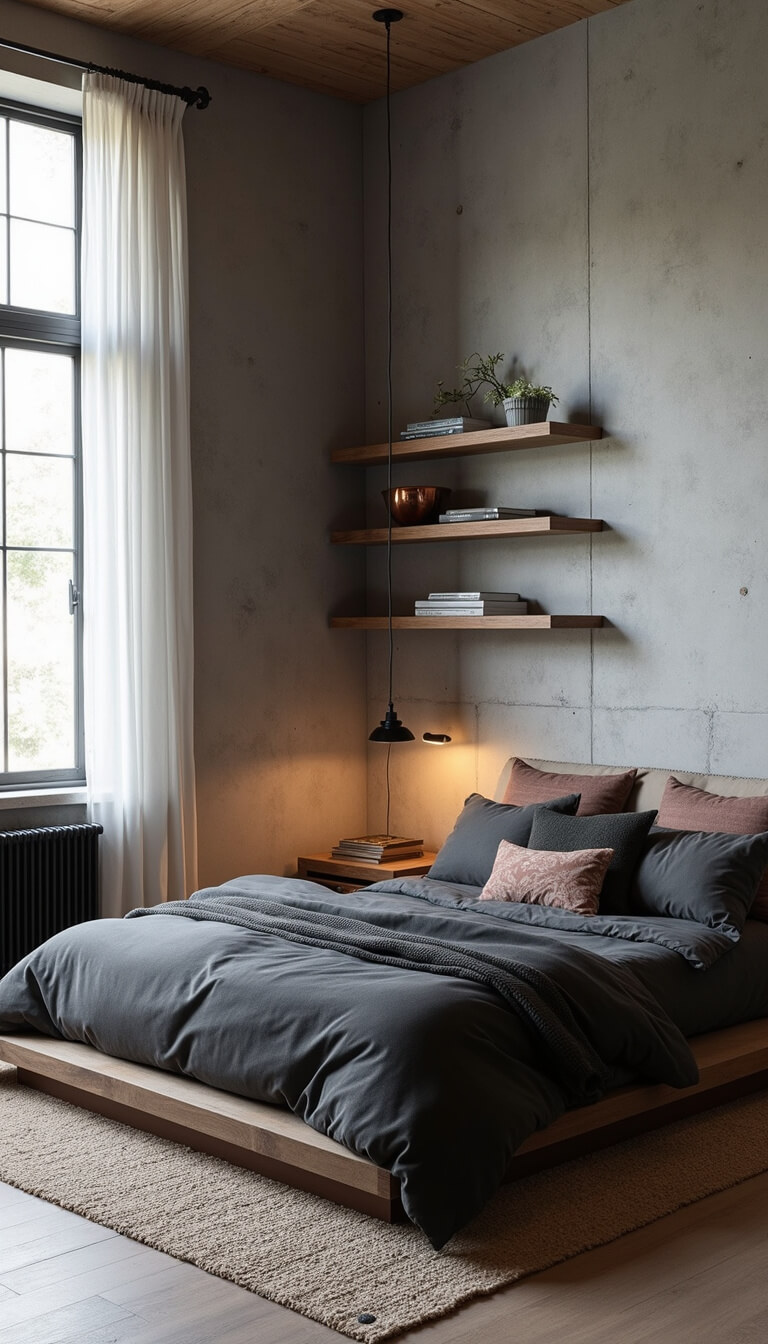Symmetrical view of a modern 14x15 barndo bedroom with concrete accent wall, floating wooden shelves, low-profile bed with charcoal linens and copper accents, black geometric pendant lights, and industrial windows with sheer white curtains.