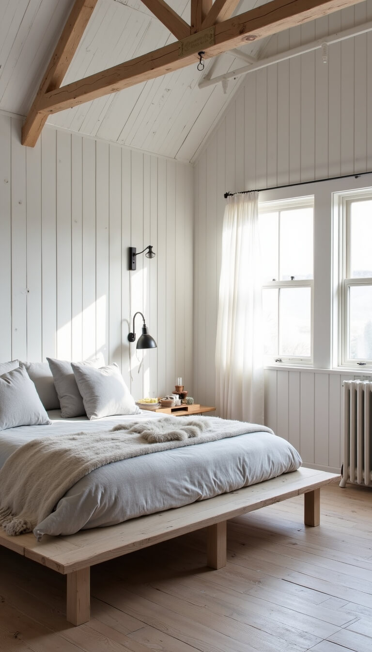 Scandinavian barndo bedroom with morning light, whitewashed wood walls, natural beam ceiling, platform bed in grey linens, sheepskin accents, black metal lighting, and sheer curtain-covered windows.