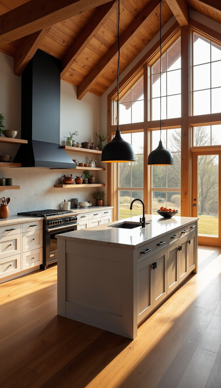 Spacious barndominium kitchen with golden hour light, oak floors, large quartzite island, warm white shaker cabinets, black range hood, and artisanal open shelving.