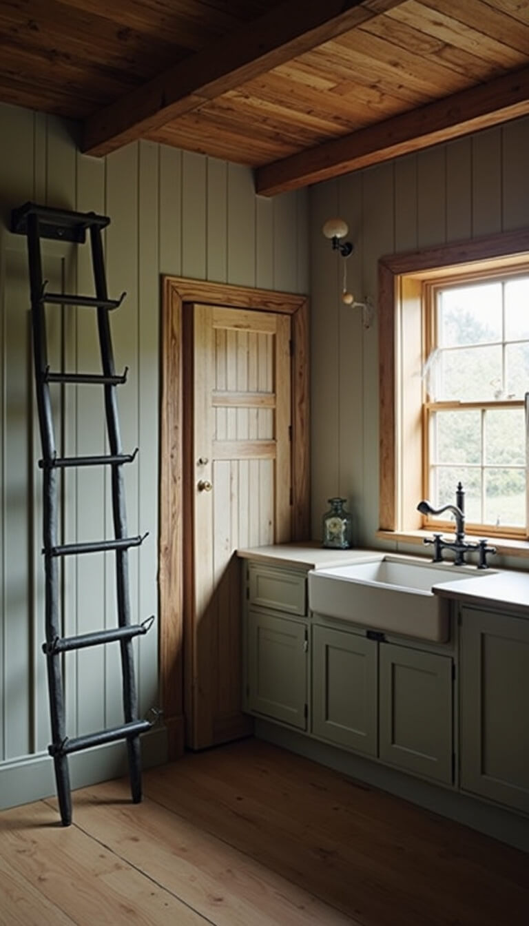 Low-angle view of a farmhouse kitchen at dawn with hidden pantry door disguised as cabinet paneling, soft morning light on concrete countertops, black steel rolling ladder, exposed wooden beams, and linen cafe curtains creating a warm, mysterious ambiance.
