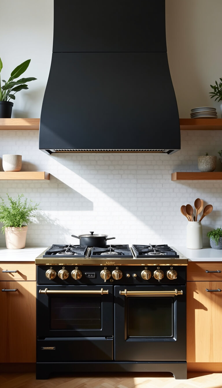Centered view of matte black 48-inch range with brass hardware beneath blackened steel hood, white zellige tile backsplash, floating oak shelves with ceramics and plants, dramatic afternoon shadows.