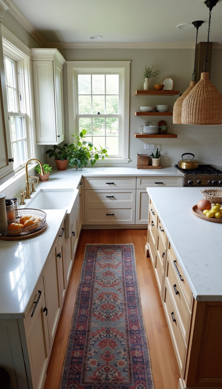 Bird's eye view of L-shaped kitchen with 8ft honed soapstone island, vintage runner in faded blues and reds, farmhouse sink below window, mixed metal fixtures, and woven pendant lights casting geometric shadows.
