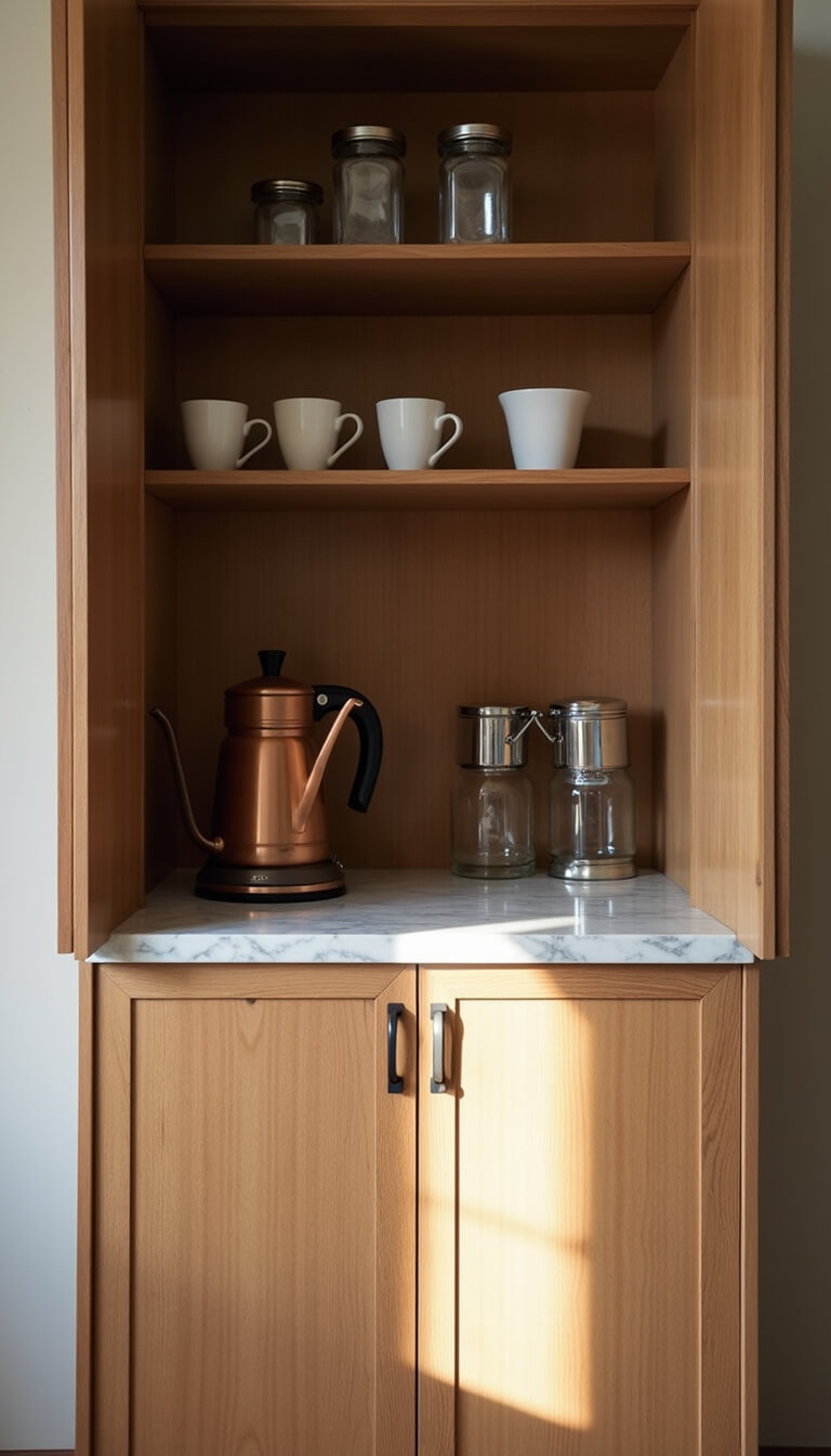 Coffee station with warm walnut interior inside tall cabinet with bifold doors, featuring copper kettle, marble shelf, curated mugs, and soft side lighting highlighting textures.