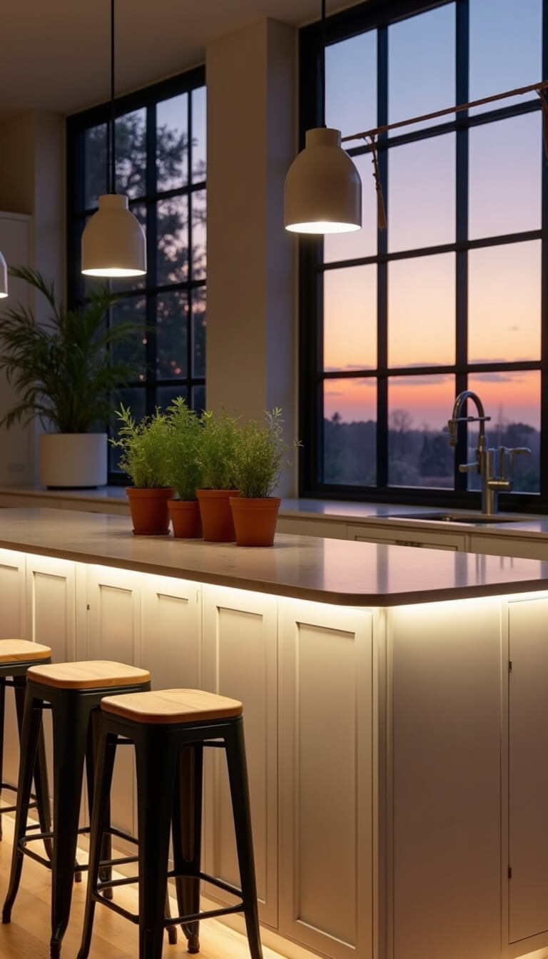 Evening kitchen with under-cabinet lighting highlighting white oak cabinets and marble counters, black grid windows show sunset, vintage stools at island, terracotta pots with herbs, warm ambient and task lighting.