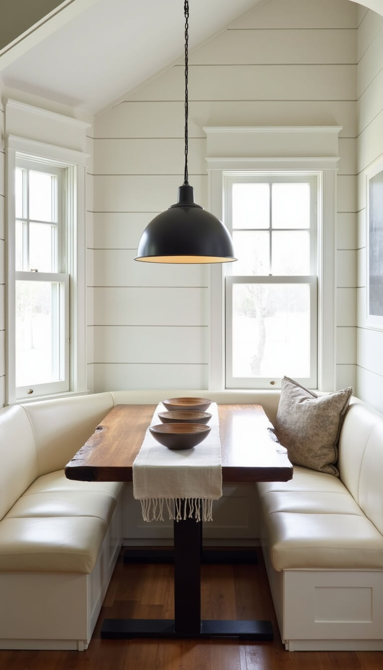 Creamy leather corner banquette under windows with raw edge walnut table, ceramic bowls, and black steel light fixture in soft white shiplap room.