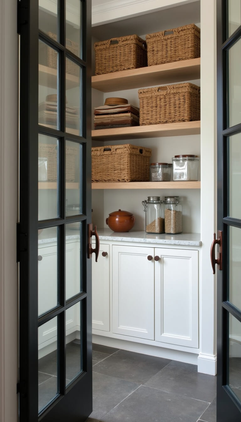 Close-up of organized pantry with white oak shelves, woven baskets, clear containers, black metal and glass doors, slate floor, and copper hardware under directional lighting.