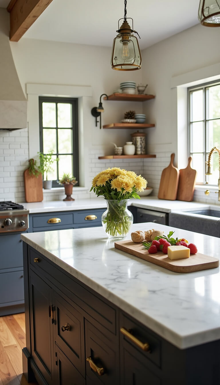 Kitchen island in morning light with cheese board, fresh flowers, and vintage cutting boards against subway tile backsplash.