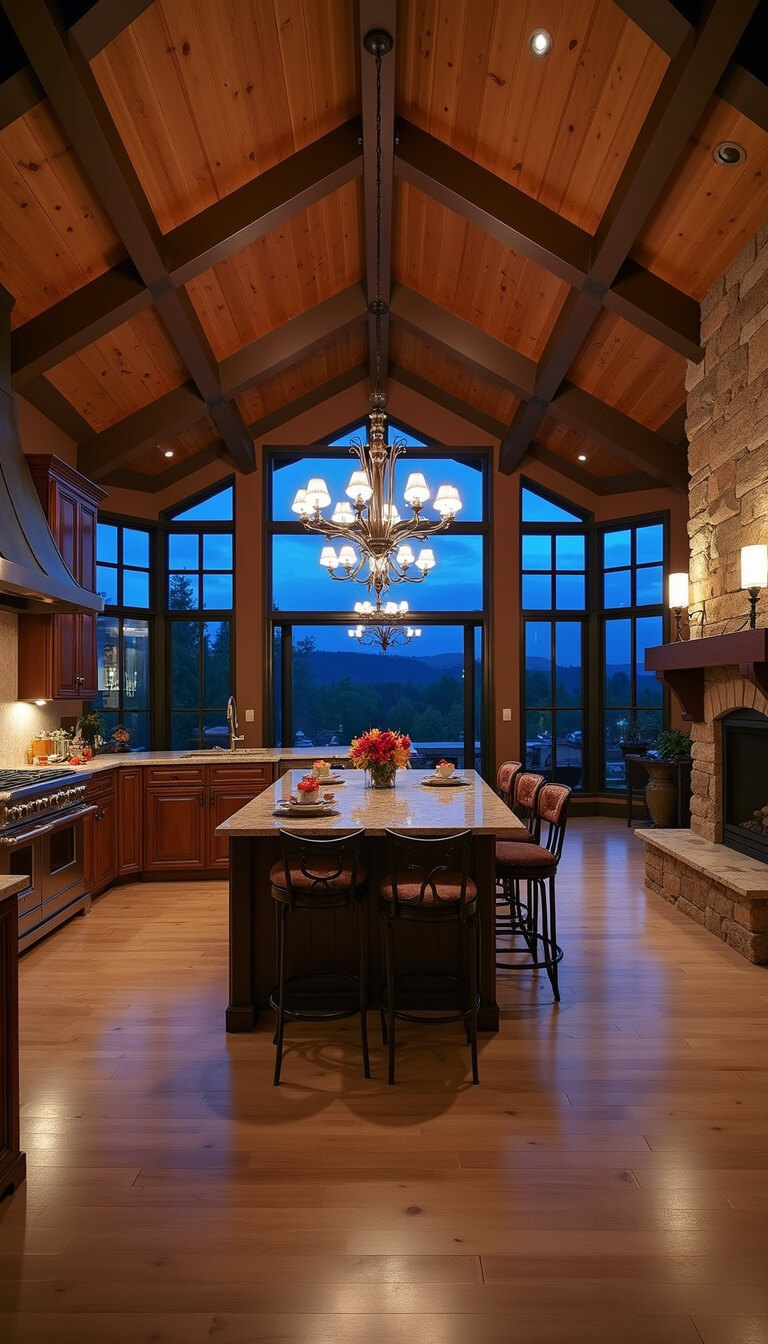 Twilight view of great room and kitchen with iron chandelier, warm wood beams, stone fireplace, and black steel windows framing landscape.