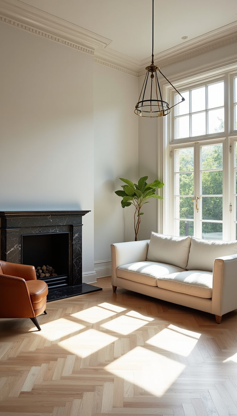 Sunlit living room with high ceilings, white-oak herringbone floors, ivory sectional, vintage leather chair, and black marble fireplace with brass inlay.
