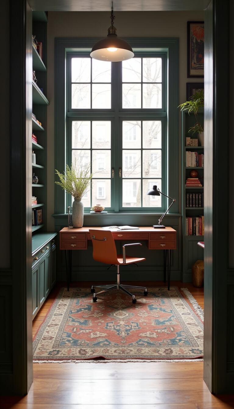 Cozy 12x14ft home office with industrial windows, Victorian wainscoting, walnut desk, Eames chair, vintage Persian rug, and curated shelves in soft morning light.