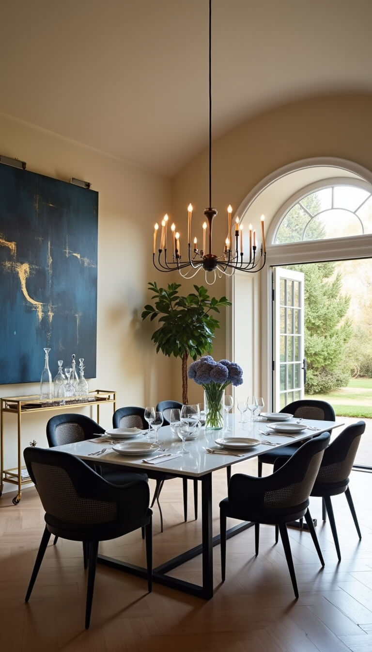 Elegant dining room with marble table, velvet cane chairs, glass chandelier, and abstract navy and gold artwork, lit by warm golden hour light.