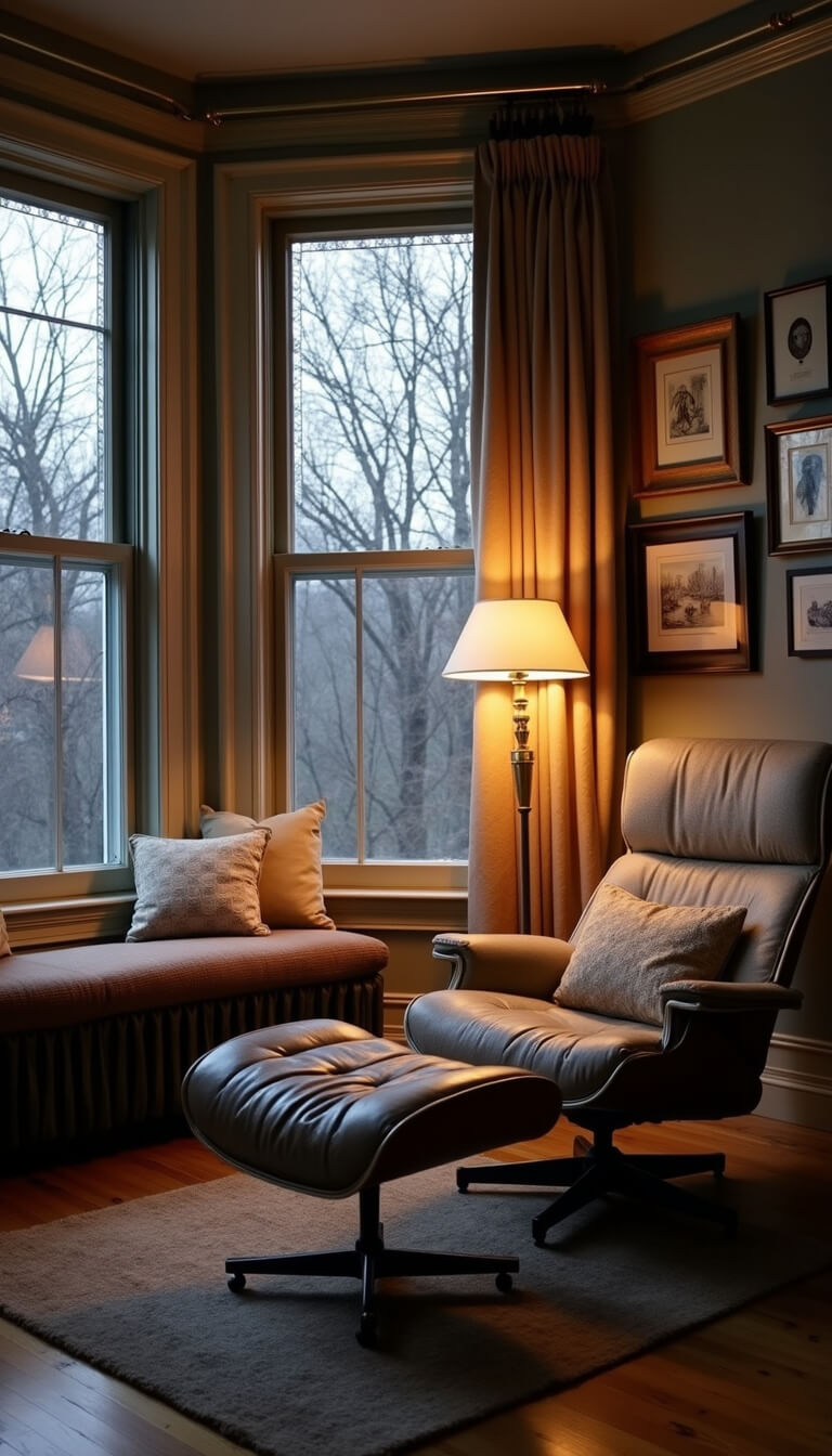 Cozy 10x12ft reading nook at dusk with bay window, bouclé swivel chair, leather ottoman, vintage brass floor lamp, and gallery wall of mixed artwork.