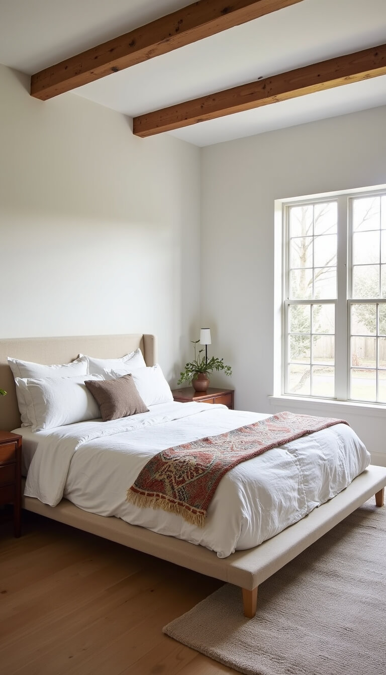 Airy 16x18ft primary bedroom with restored ceiling beams, white walls, platform bed in rumpled Belgian linen, vintage Moroccan wedding blanket, floor-to-ceiling windows, mid-century walnut nightstands, and soft morning light.