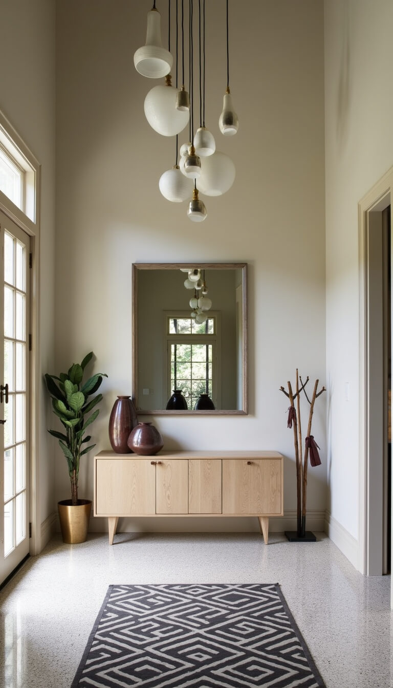 Dramatic double-height entryway with modern pendant lights, vintage oak console, contemporary mirror, terrazzo floor, geometric runner, and art deco coat rack, viewed from above.