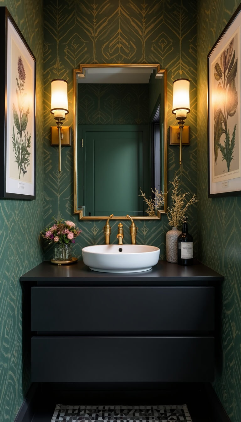 Luxe emerald powder room with matte black floating vanity, brass mirror, ceramic sconces, and vintage botanical prints.