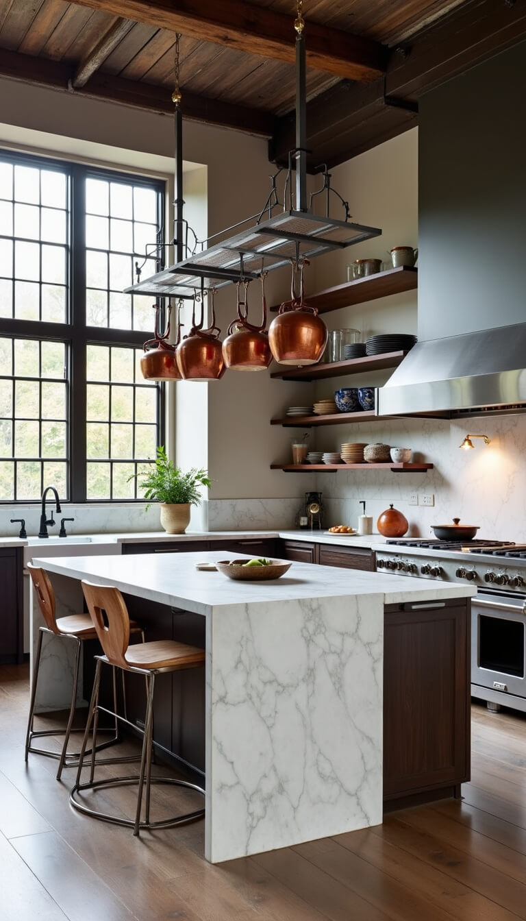 Chef's kitchen with honed marble waterfall island, vintage copper pots, brass-accented range, open shelving with ceramics and antique dishware, and restored industrial windows enhancing natural light.