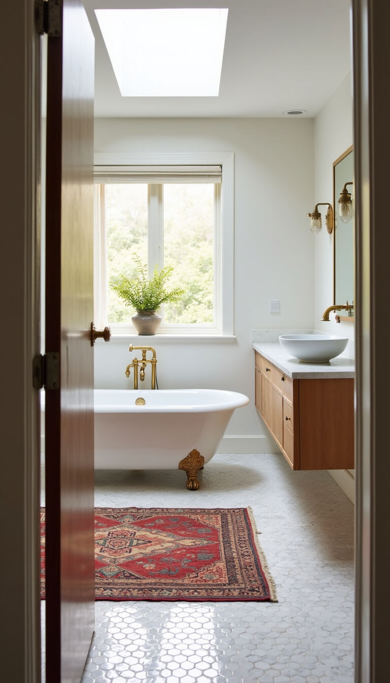Serene 12x14ft bathroom with clawfoot tub under skylight, vintage rug on marble tiles, bleached oak vanity, brass mirror, and soft morning light.