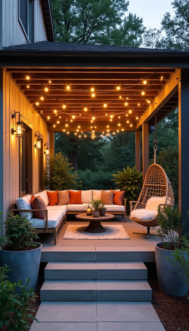 Twilight view of a stylish 15x18ft covered porch with modern sectional, vintage pillows, rattan hanging chair, industrial sconces, string lights, and sculptural plants in zinc planters.