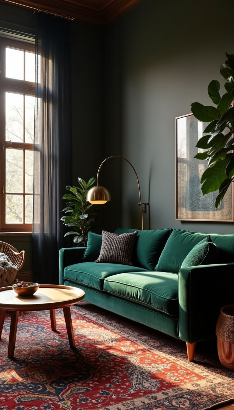Photorealistic 8K image of a moody, cinematic living room with emerald velvet sofa, vintage Persian rug, and dramatic late afternoon lighting through sheer black curtains.